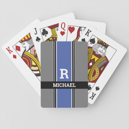 Bold Monogram  Name Med Blue Grey  Black Stripes Poker Cards
