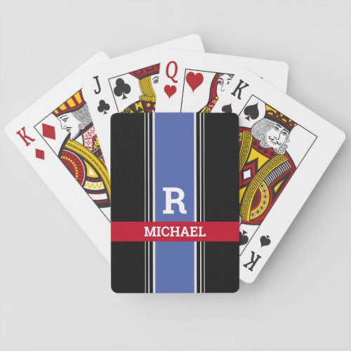 Bold Monogram  Name Med Blue Red  Black Stripes Poker Cards