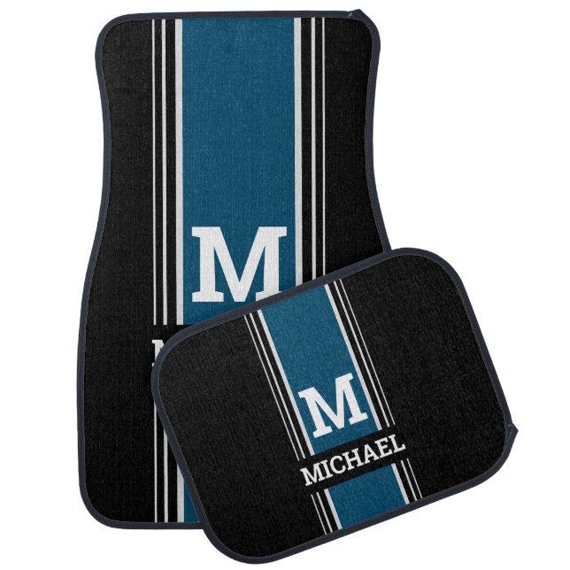 Bold Monogram & Name, Ocean Blue Grey Black Car Fl Floor Mat (Set)