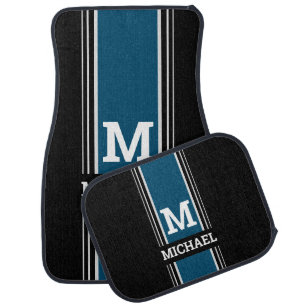 Bold Monogram & Name, Ocean Blue Grey Black Car Floor Mat