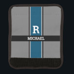 Bold Monogram & Name Ocean Blue Grey Black Stripes Luggage Handle Wrap<br><div class="desc">Personalize your monogram and name in white bold text on ocean blue,  grey and black stripes. Click “Customize” to change colors and type styles.</div>