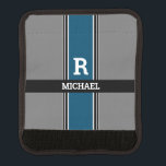 Bold Monogram & Name Ocean Blue Grey Black Stripes Luggage Handle Wrap<br><div class="desc">Personalize your monogram and name in white bold text on ocean blue,  grey and black stripes. Click “Customize” to change colors and type styles.</div>