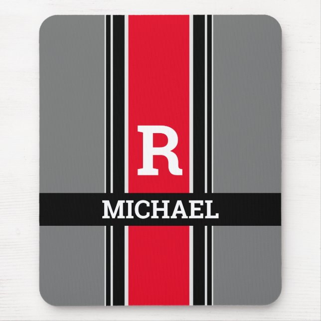 Bold Monogram & Name, Red Gray & Black Stripes Mouse Pad (Front)
