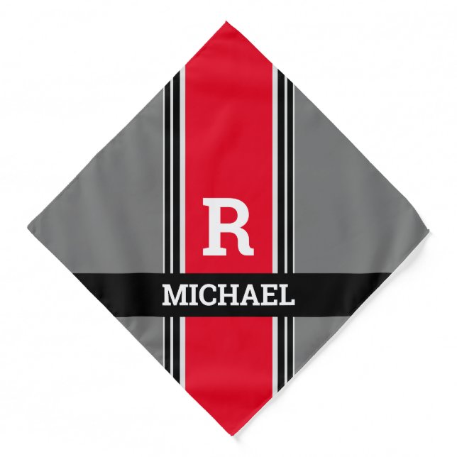 Bold Monogram & Name, Red Grey & Black Stripes Bandana (Front)