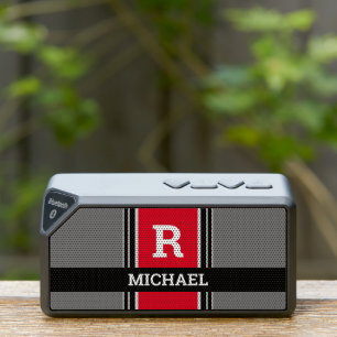 Bold Monogram & Name, Red Grey Black Stripes Bluetooth Speaker