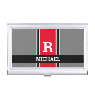 Bold Monogram & Name, Red Grey & Black Stripes Business Card Case