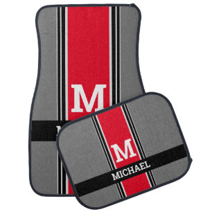 Bold Monogram & Name, Red Grey & Black Stripes Car Floor Mat