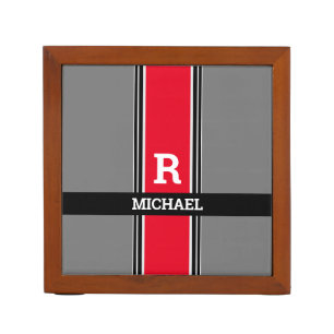 Bold Monogram & Name, Red Grey & Black Stripes Desk Organizer