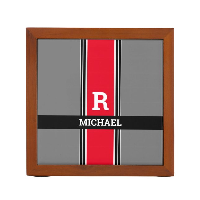 Bold Monogram & Name, Red Grey & Black Stripes Desk Organizer (Front)