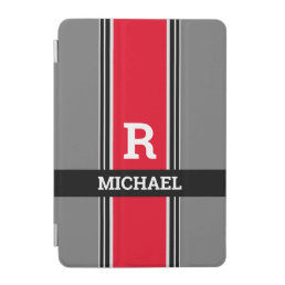 Bold Monogram &amp; Name, Red Grey &amp; Black Stripes iPad Mini Cover