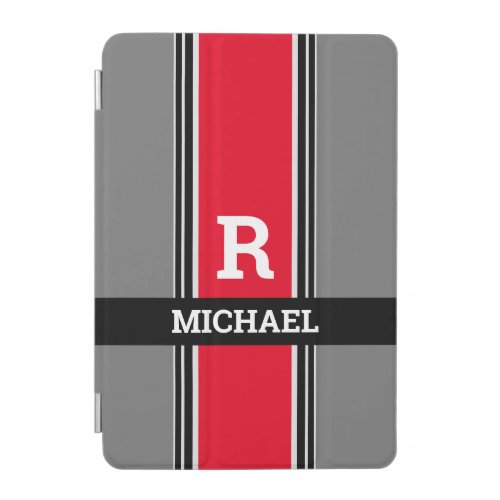 Bold Monogram  Name Red Grey  Black Stripes iPad Mini Cover