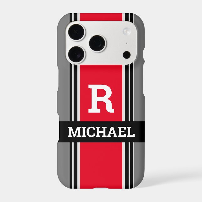 Bold Monogram & Name, Red Grey & Black Stripes Iphone Case (Back)