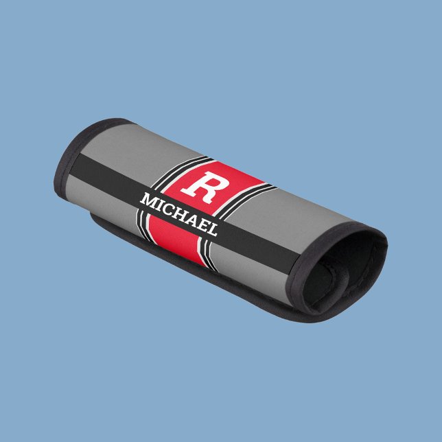 Bold Monogram & Name, Red Grey & Black Stripes Luggage Handle Wrap (Creator Uploaded)