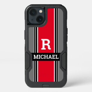 Bold Monogram & Name, Red Grey & Black Stripes iPhone 13 Case