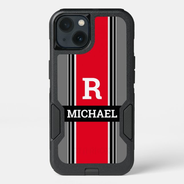 Bold Monogram & Name, Red Grey & Black Stripes Otterbox iPhone Case (Back)