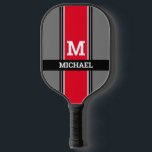 Bold Monogram & Name, Red Grey & Black Stripes Pickleball Paddle<br><div class="desc">Personalize your monogram and name in white bold text on red,  grey and black stripes.</div>