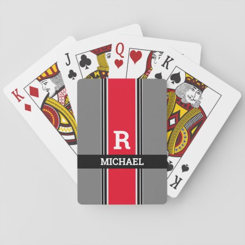 Bold Monogram  Name Red Grey  Black Stripes Playing Cards