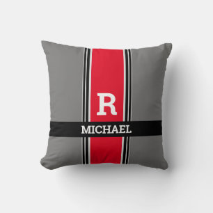 Bold Monogram & Name, Red Grey & Black Stripes Throw Pillow