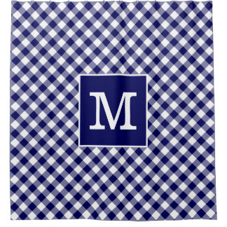 Bold Monogram Navy Blue and White Gingham Pattern Shower Curtain