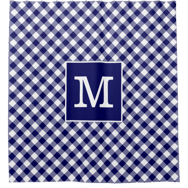 Bold Monogram Navy Blue and White Gingham Pattern Shower Curtain (Front)