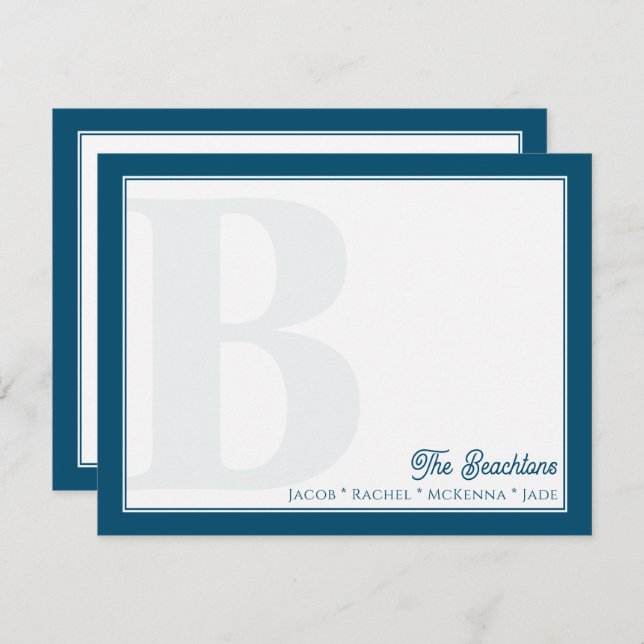 Bold Monogram Navy Blue Family Stationery Note Card (Front/Back)