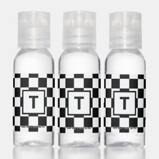 Bold Monogram on Black White Checkered Pattern Hand Sanitizer