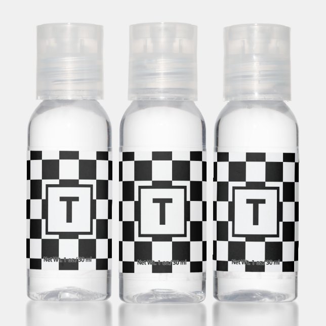 Bold Monogram on Black White Checkered Pattern Hand Sanitizer (Set)