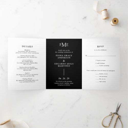 Bold Monogram Photo Black Modern Wedding Tri_Fold Invitation