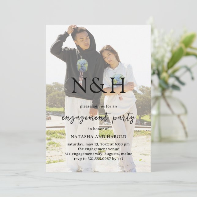 Bold Monogram Photo Modern Engagement Party Invitation (Standing Front)