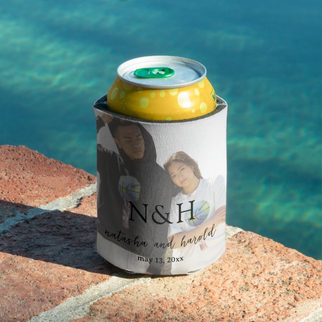 Bold Monogram Photo Modern Wedding Can Cooler (In Situ Pool)
