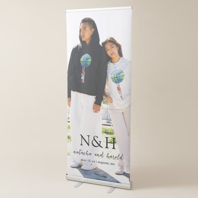 Bold Monogram Photo Modern Wedding Retractable Banner (3/4)