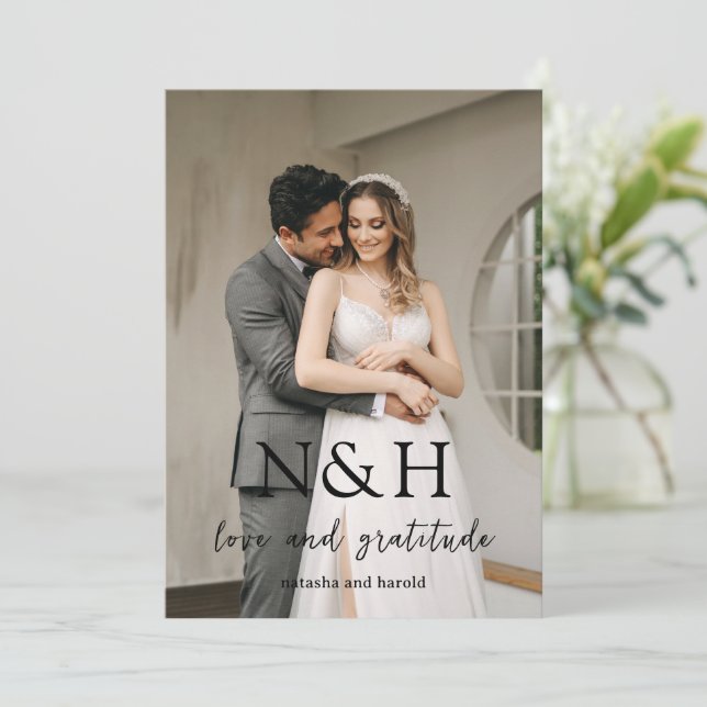 Bold Monogram Photo Modern Wedding Thank You Card (Standing Front)