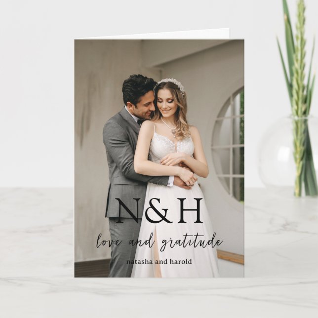 Bold Monogram Photo Modern Wedding Thank You Card (Front)