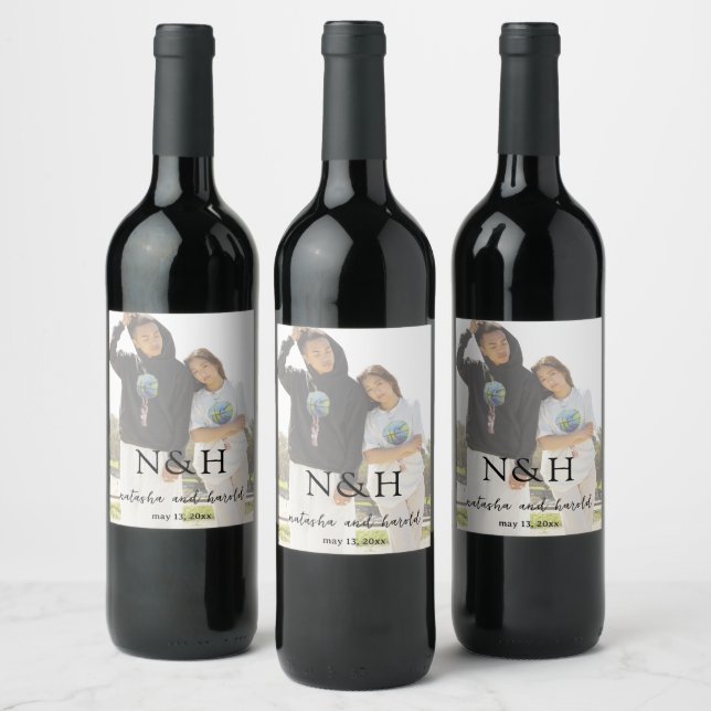 Bold Monogram Photo Modern Wedding Wine Label (Bottles)