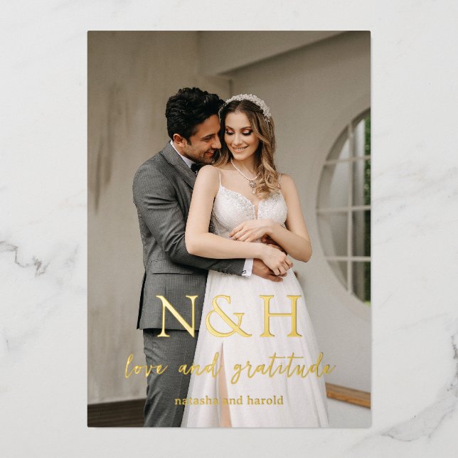 Bold Monogram Photo Wedding Foil Thank You Card (Front)