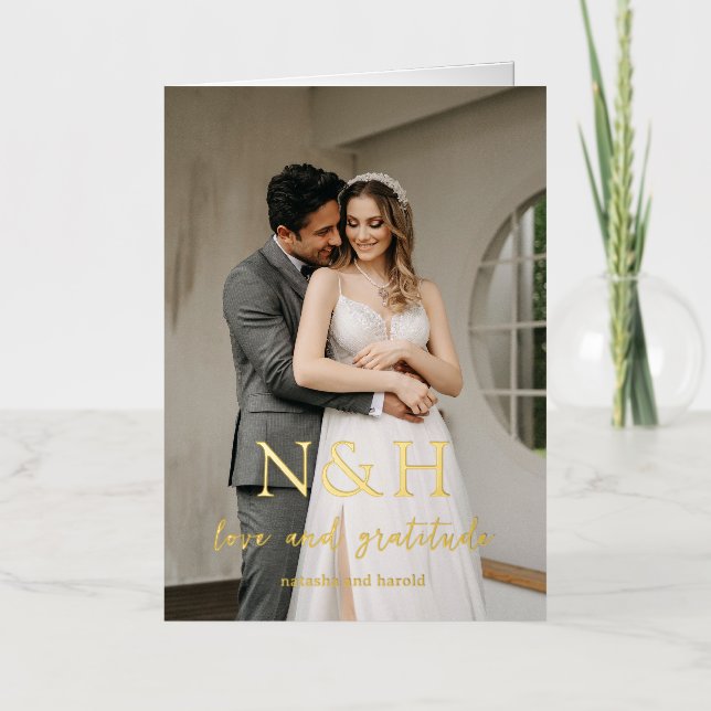 Bold Monogram Photo Wedding Foil Thank You Card (Front)