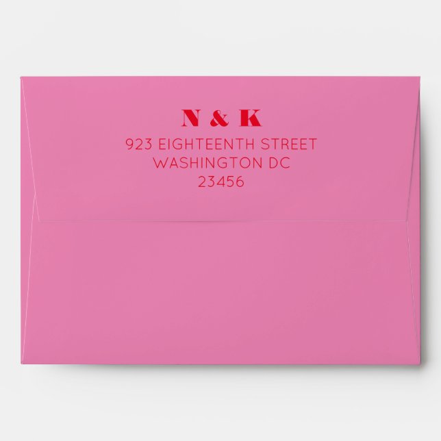 Bold Monogram Pink Red Wedding Return Address Envelope (Back (Top Flap))