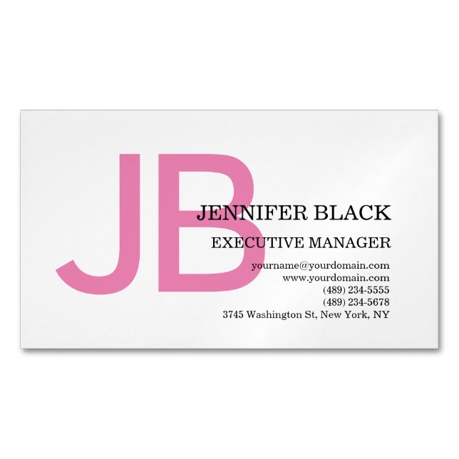 Bold Monogram Pink White Modern Plain Business Card Magnet (Front)