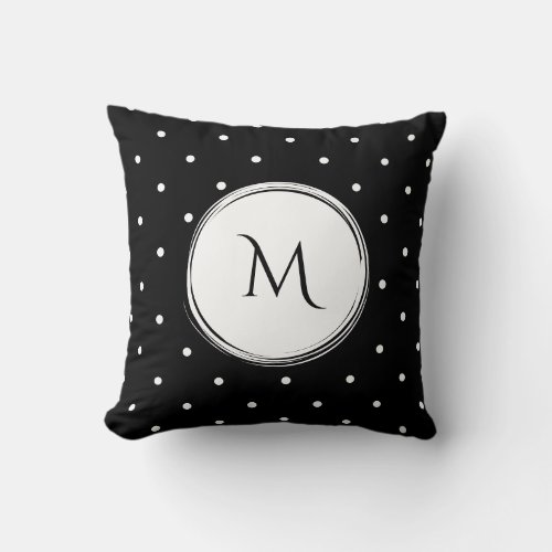 Bold Monogram Polka Dots Black and White Throw Pillow