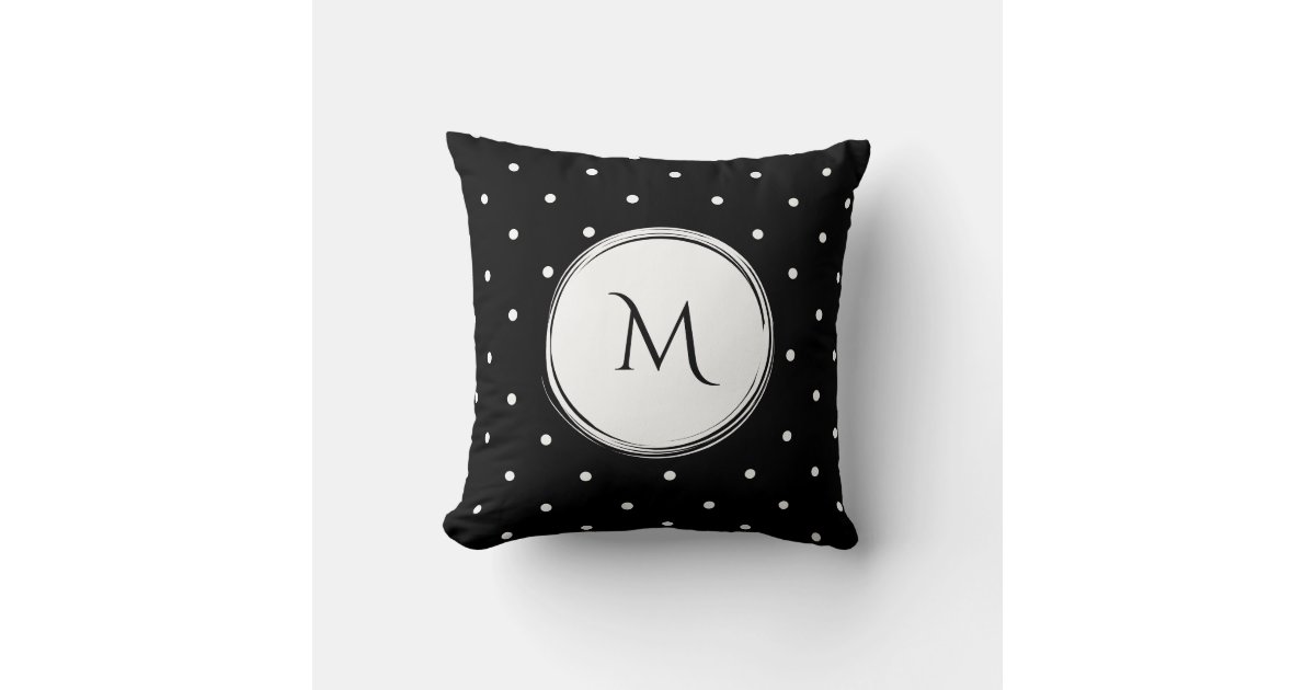 Modern Black and White Polka Dots Monogram Throw Pillow