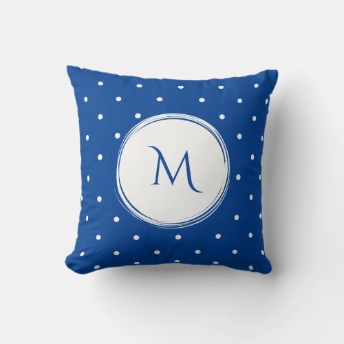 Bold Monogram Polka Dots Deep Blue White Throw Pillow