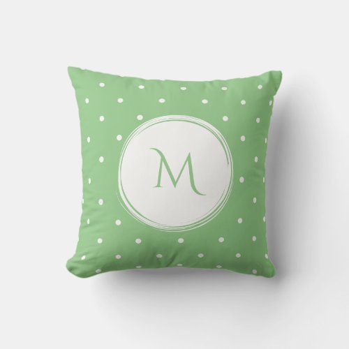 Bold Monogram Polka Dots Sage Green White Throw Pillow
