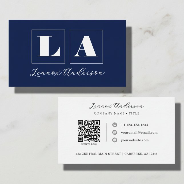 Bold Monogram QR Code Blue Business Card (Creator Uploaded)