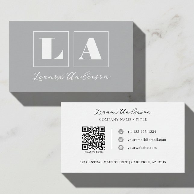 Bold Monogram QR Code Gray Business Card (Creator Uploaded)