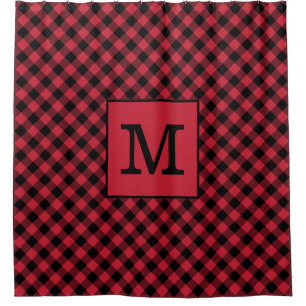 Bold Monogram Red and Black Buffalo Check Pattern Shower Curtain