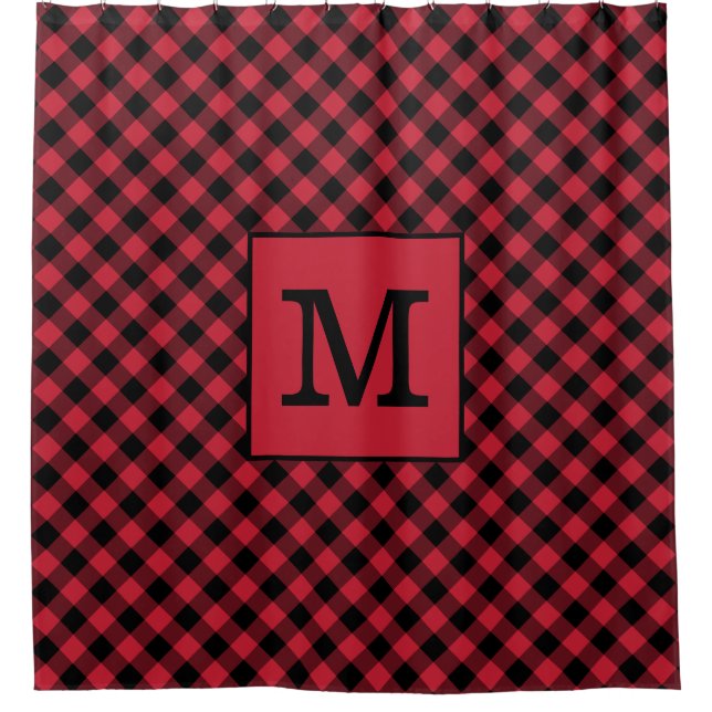 Bold Monogram Red and Black Buffalo Check Pattern Shower Curtain (Front)