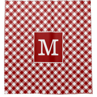 Bold Monogram Red and White Gingham Pattern Shower Curtain