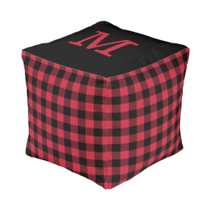 Bold Monogram Red Black Buffalo Check Pouf
