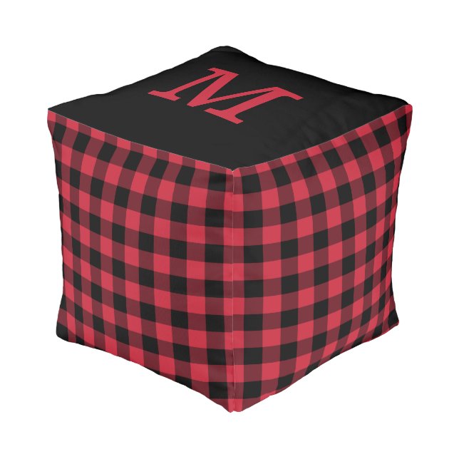 Bold Monogram Red Black Buffalo Check Pouf (Angled Front)