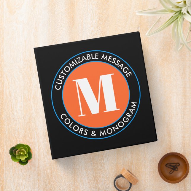 Bold Monogram & Text | Black White Orange & Blue 3 Ring Binder (In Situ)
